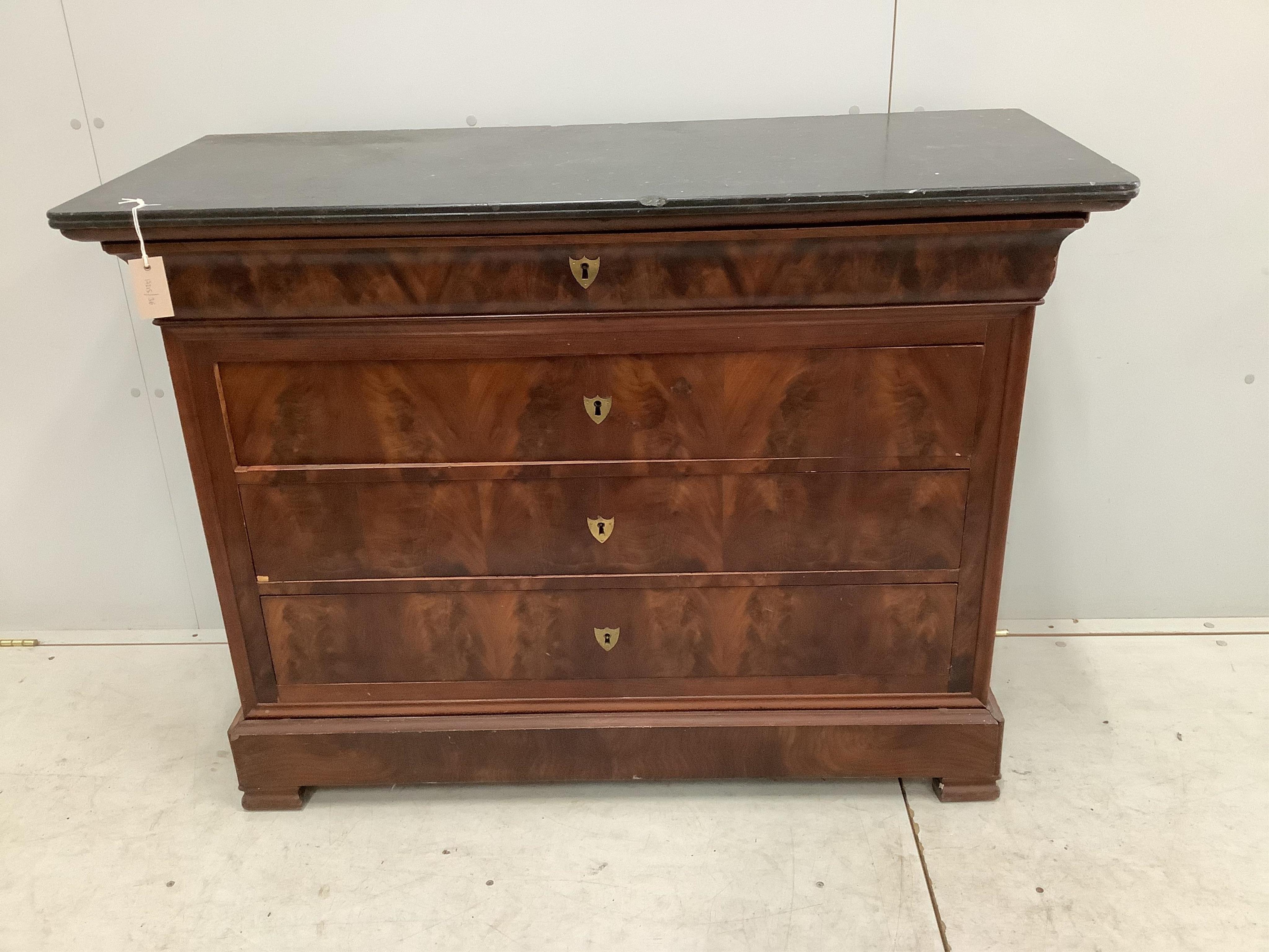 A 19th century French mahogany marble top commode, width 118cm, depth 49cm, height 88cm. Condition - fair, top chipped